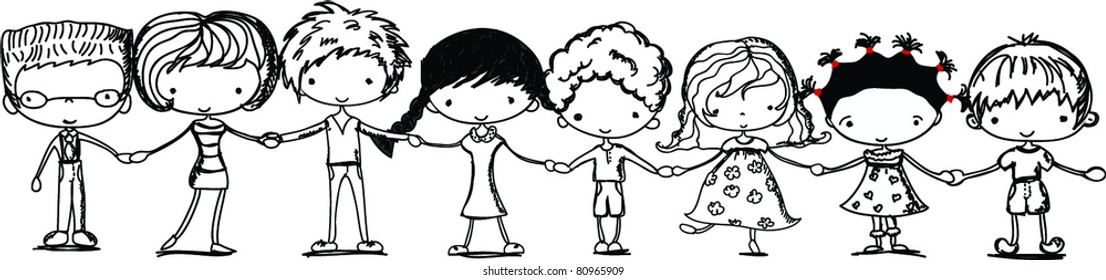 Cute Kids Holding Hands, Black And White Cartoon Picture