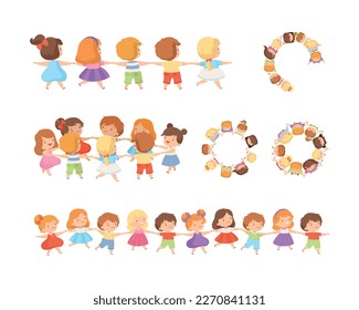 Cute kids holding hands set. Happy little boys and girls leading round dance together and standing in rows holding hands cartoon vector illustration