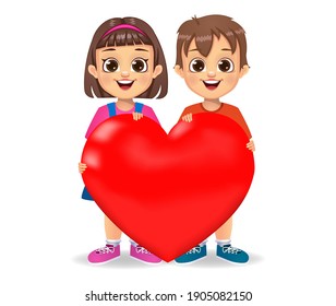 cute kids holding heart symbol vector