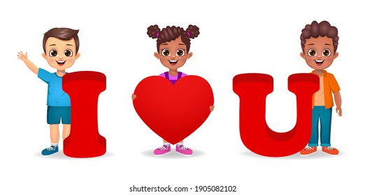cute kids holding I love u symbols vector