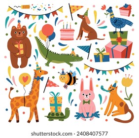 Los niños se vacacionan con animales. Personajes de la fiesta de cumpleaños, fauna divertida en gorras, animaciones de invitados a la vida salvaje, regalos y juguetes infantiles, conjuntos de vectores.eps
