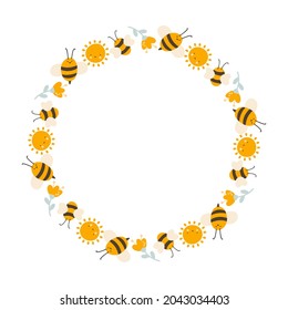 Cute kids honey wreath with sun, flower and bee in flat frame vector scandinavian style. Baby illustation frame with place for text for content, greeting card, graphic.