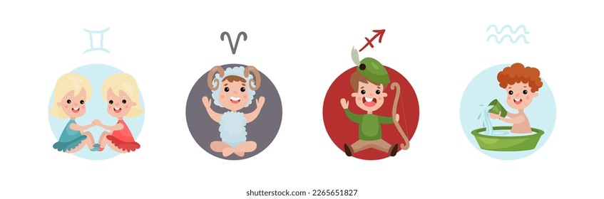 Cute Kids and Horoscope Astrological Sign Vector Set