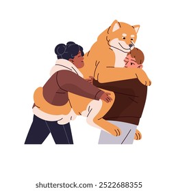 Cute kids hug adorable Akita. Happy children cuddle Shiba inu together. Girl and boy love their fluffy dog. Friends embrace amusing puppy. Flat isolated vector illustration on white background