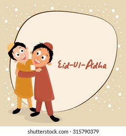 Cute kids hugging and giving wishes to each other for Muslim Community, Festival of Sacrifice, Eid-Al-Adha celebration.