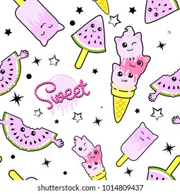 Cute kids ice cream pattern for girls and boys. Colorful ice cream on the abstract grunge background create a fun cartoon drawing. The pattern is made in white colors. Urban ice cream pattern