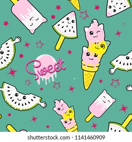Cute kids ice cream pattern for girls and boys. Colorful ice cream on the abstract grunge background create a fun cartoon drawing. The pattern is made in white colors. Urban ice cream pattern