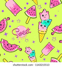 Cute kids ice cream pattern for girls and boys. Colorful ice cream on the abstract grunge background create a fun cartoon drawing. The pattern is made in white colors. Urban ice cream pattern