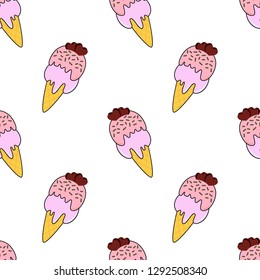 Cute kids ice cream pattern for girls and boys. Colorful ice cream on the abstract grunge background create a fun cartoon drawing. The pattern is made in white colors. Urban ice cream pattern
