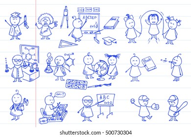 Cute kids icons. Big doodle school set. Vector education background on notebook page.