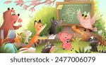 Cute kids illustration with animals in a forest school classroom lesson, blackboard on a big tree. Owl teacher, fox, rabbit, bear students. Vector cartoon for children preschool, elementary education.