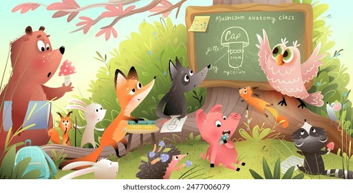 Cute kids illustration with animals in a forest school classroom lesson, blackboard on a big tree. Owl teacher, fox, rabbit, bear students. Vector cartoon for children preschool, elementary education.