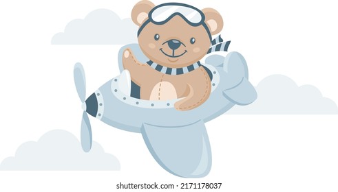 Cute kid's illustration. A kindly teddy bear flying in the sky on an airplane. Print for children's clothing 