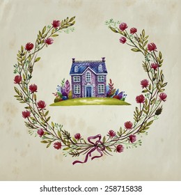 Cute kids illustration. Vector floral card with cute little house  and wreath from flowers, berries, leaves, branches. 