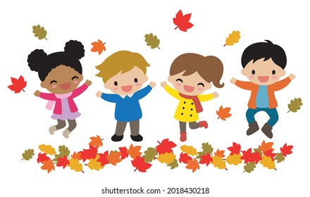 Cute kids including boys and girls playing and jumping with falling maple leaves in autumn vector illustration.