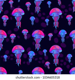 Cute kids jellyfish pattern for girls and boys. Colorful jellyfish on the abstract pattern create a fun cartoon drawing. The jellyfish pattern is made in pastel colors. Urban backdrop for textile.