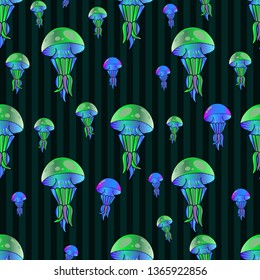 Cute kids jellyfish pattern for girls and boys. Colorful jellyfish on the abstract pattern create a fun cartoon drawing. The jellyfish pattern is made in pastel colors. Urban backdrop for textile.