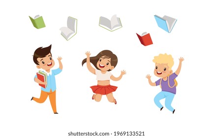 Cute Kids Jumping with Joy and Throwing Books Up in the Air Vector Set