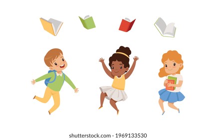 Cute Kids Jumping with Joy and Throwing Books Up in the Air Vector Set
