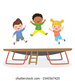 Cute kids jumping on trampoline. Various children practicing sport activities. Cartoon preschoolers in different poses isolated on white background. Flat vector illustration
