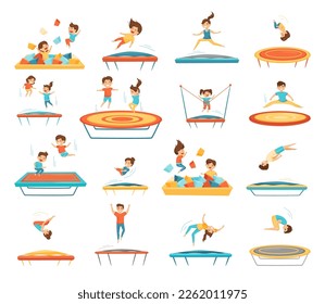 Cute kids jumping on trampolines set. Happy children bouncing on trampoline, active entertainment cartoon vector