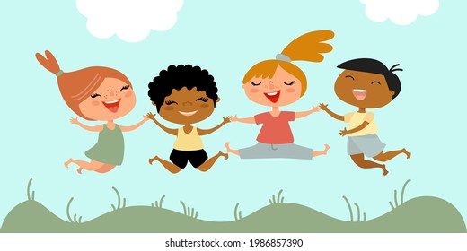 Cute kids jumping together. Happy childhood, summer day, children play. Cartoon characters, vector illustration, flat design. Could be used for poster, banner in kids room, nursery wall, etc 