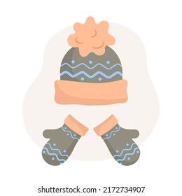 Cute Kids knitted warm autumn and winter Accessories. Warm Kids girl Hat and Mittens. Head wear and Accessories, children Clothes accessory for cold weather. Flat vector illustration.