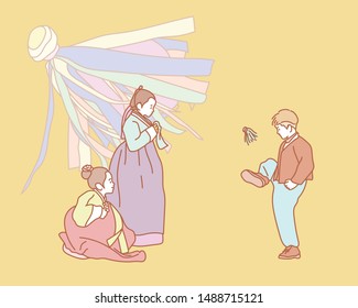 Cute kids in Korean traditional costumes are playing traditional games. hand drawn style vector design illustrations. 