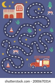 Cute kids labyrinth firestation fireman  maze game fun education for children with funny nice cats on dark blue night background childish vector illustration. help find path. activity page sheet