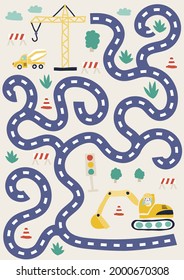 Cute kids labyrinth maze game fun education for children mixer crane excavator with funny nice cats on beige background childish vector illustration. help find path. activity page sheet
