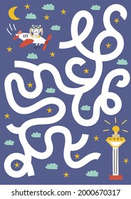 Cute kids labyrinth maze game fun education for children plane airport tower with funny nice cats on dark blue background childish vector illustration. help find path. activity page sheet