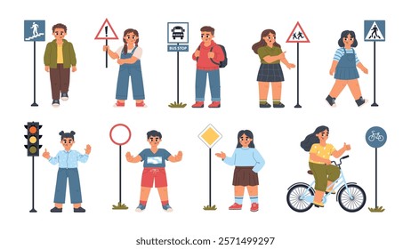 Cute kids learn traffic rules. Smiling children with road signs, young pedestrians, safety precautions, educational program, vector set