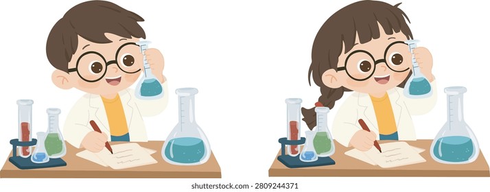 Cute Kids Learning and Creative Activities Bundle – Boy and Girl Science Flat Cartoon Illustration Set