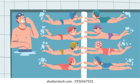 Cute Kids Learning to Swim in Pool, Man Swimming Coach with Whistle Teaching them, Healthy Lifestyle, Water Activities Concept Cartoon Vector Illustration