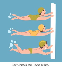 Cute kids learning to swim in swimming pool. Children in swimwear holding on to board in water vector illustration