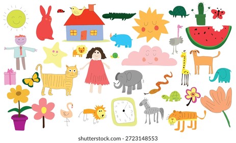 Vector lindo del aprendizaje de los niños, Elementos dibujados a mano de la Educación del niño, escuela e ilustración del juego
