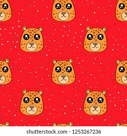 Cute kids leopard pattern for girls and boys. Colorful tiger on the abstract background create a fun cartoon drawing. The background is made in pastel colors. Urban tiger pattern for textile, fabric.