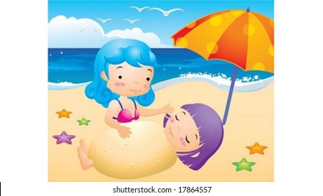 Cute Kids Life and Happy Vacation - playing at the sandy beach with lovely and pretty little girls on a hot day on a background of beautiful blue sky and open ocean : vector illustration