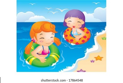 Cute Kids Life - playing fun in the water with cheerful and lovely little friends on a hot day on a background of beautiful blue sky and open ocean : vector illustration