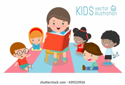 cute Kids Listening to Their teacher Tell a Story, reading books, teacher reading books for child in the kindergarten, teacher and kids, Children enjoy listening to stories teacher reading books