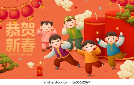 Cute kids, lit firecrackers on orange background, Chinese text translation: Happy new year and fortune