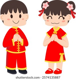 Cute Kids, Little Girl And Little Boy Wearing Traditional Chinese Clothes In Greeting Pose, Vector Illustration. Chinese Lunar New Year.