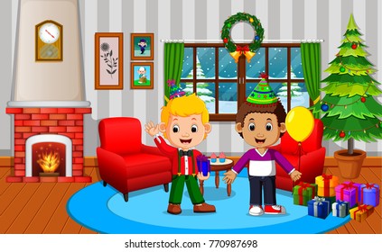 cute kids in the living room during christmas