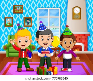 cute kids in the living room during birthday