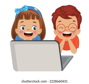 cute kids looking at computer