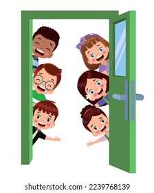 cute kids looking through the door