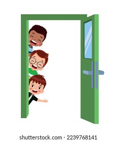 cute kids looking through the door