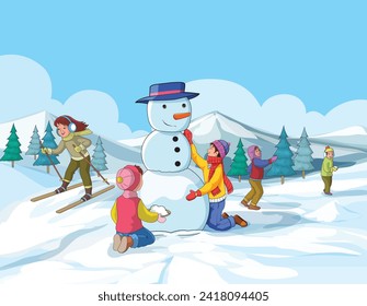 Cute kids making snowman and enjoying