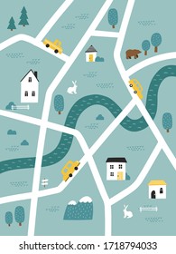 Cute kids map with roads, houses, cars and river. Hand drawn vector illustration. Cartoon concept for nursery, poster, rug, book