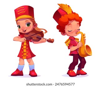 Cute kids in march parade red uniform with musical instruments. Little child boy and girl musicians with violin and saxophone. Cartoon vector set of music school orchestra band playing group.